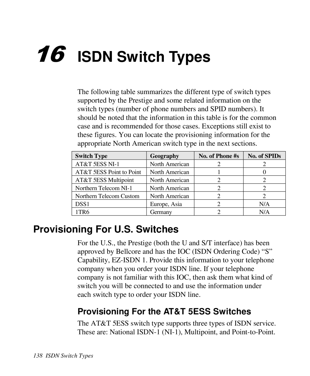ZyXEL Communications Prestige 128 user manual ISDN Switch Types, Provisioning For U.S. Switches 
