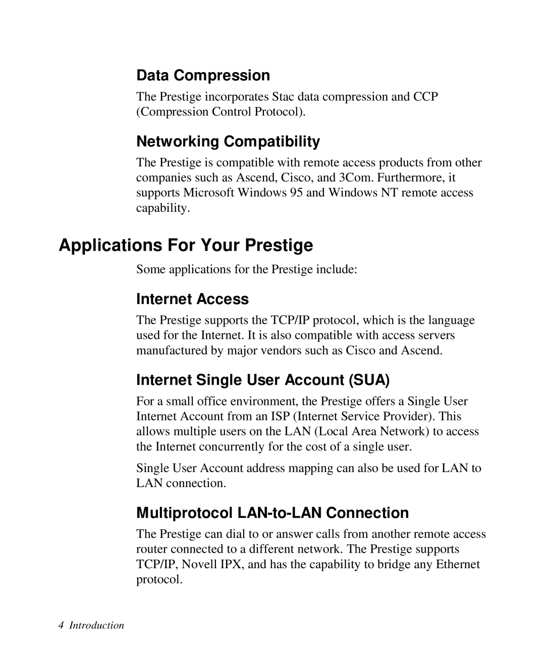 ZyXEL Communications Prestige 128 user manual Applications For Your Prestige, Data Compression, Networking Compatibility 