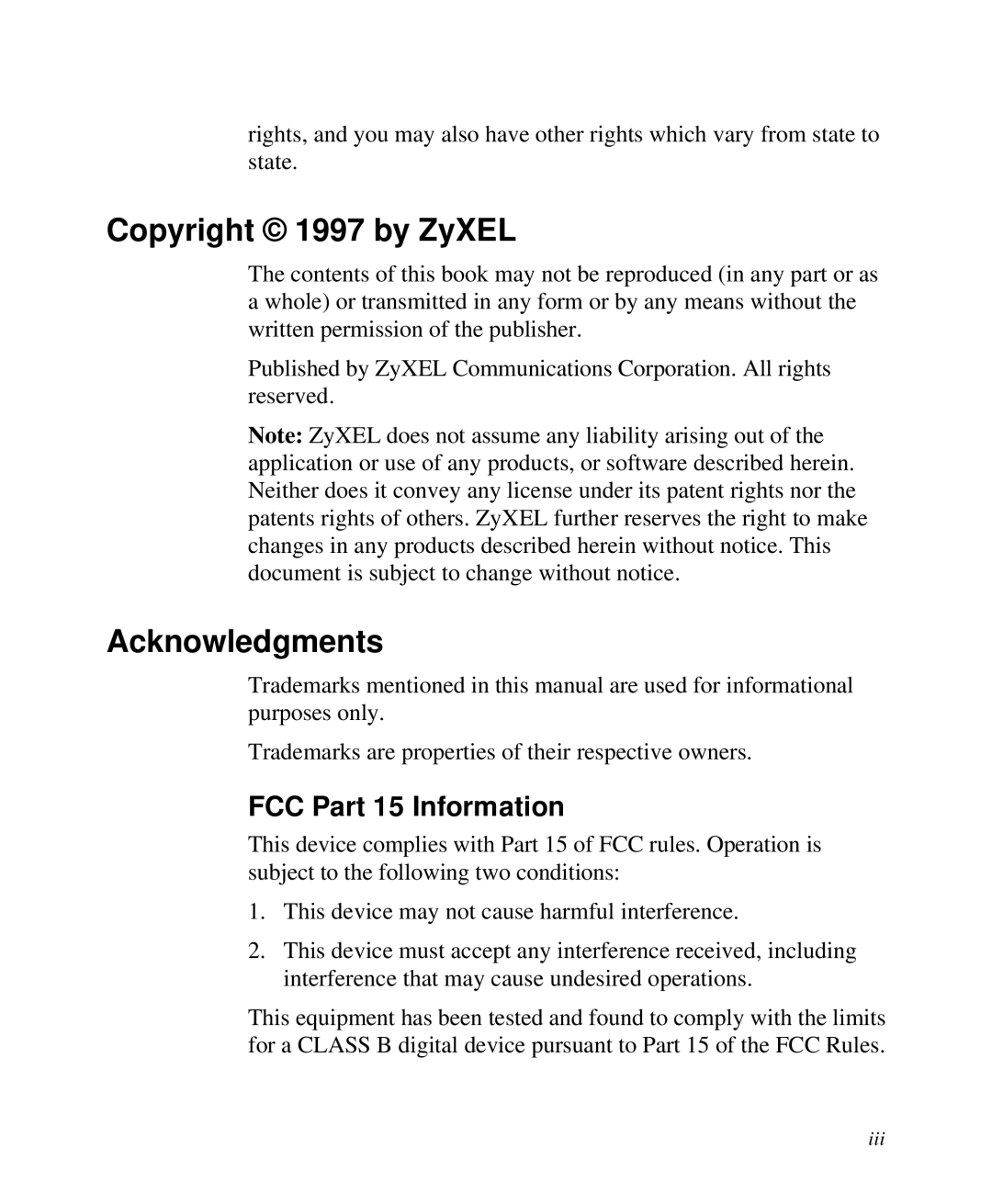 ZyXEL Communications Prestige 128 user manual Copyright 1997 by ZyXEL, Acknowledgments, FCC Part 15 Information 