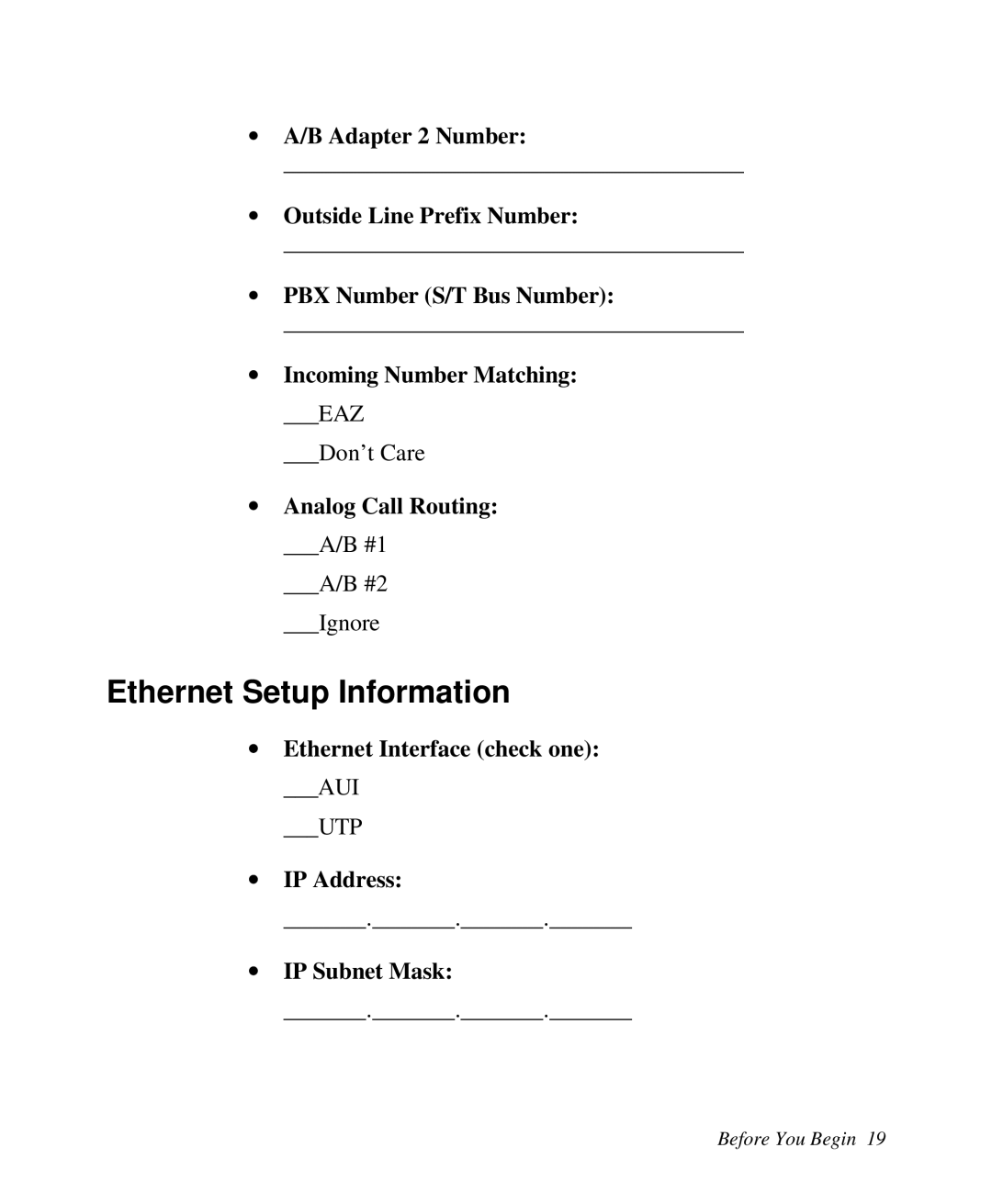 ZyXEL Communications Prestige 128 Ethernet Setup Information, ∙ A/B Adapter 2 Number, ∙ Outside Line Prefix Number 