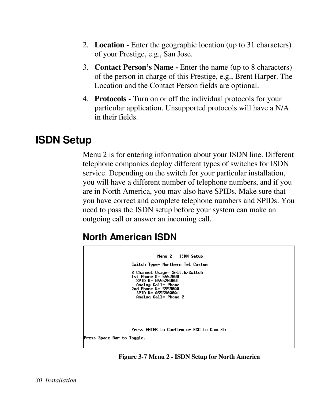 ZyXEL Communications Prestige 128 user manual ISDN Setup, North American ISDN 