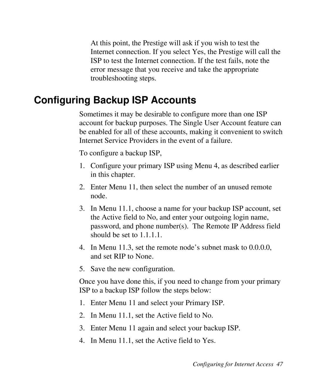 ZyXEL Communications Prestige 128 user manual Configuring Backup ISP Accounts 