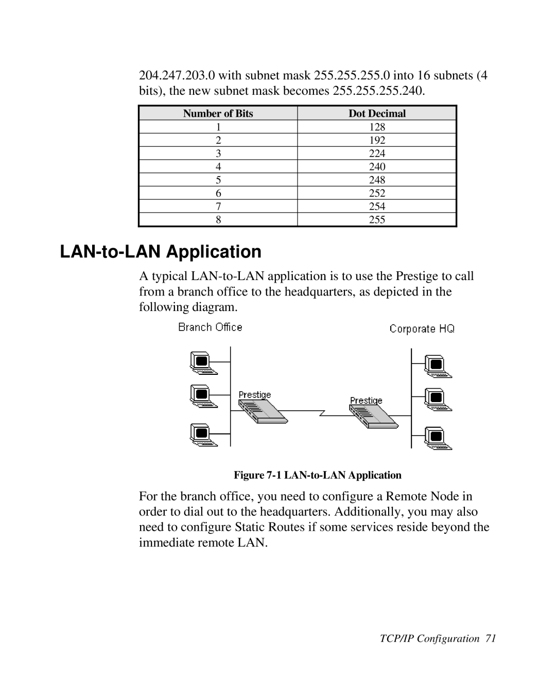 ZyXEL Communications Prestige 128 user manual LAN-to-LAN Application, TCP/IP Configuration 