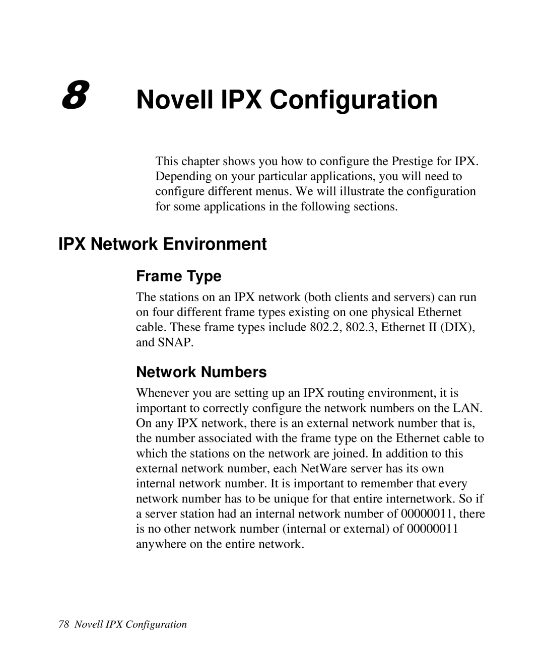 ZyXEL Communications Prestige 128 Novell IPX Configuration, IPX Network Environment, Frame Type, Network Numbers 