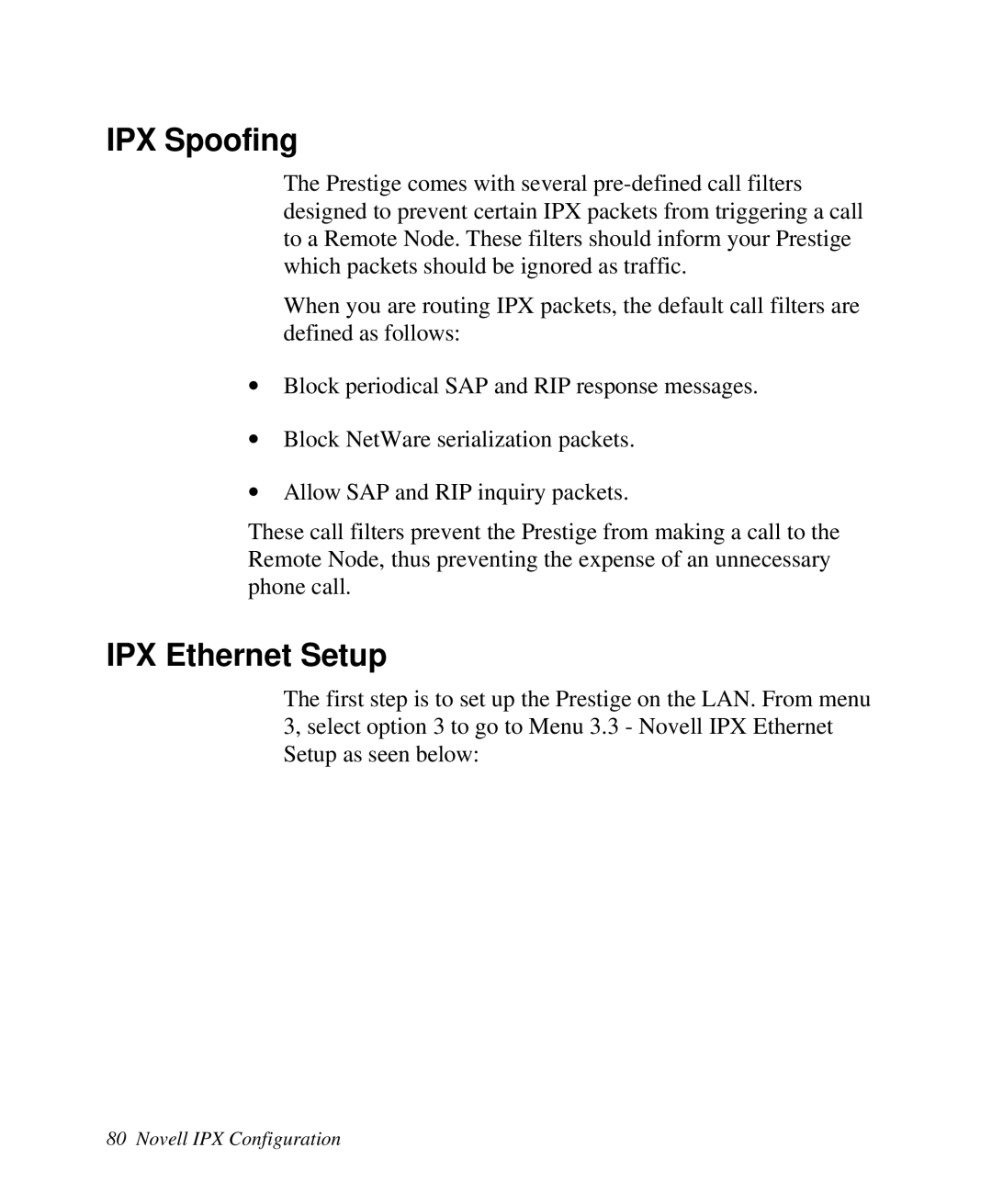 ZyXEL Communications Prestige 128 user manual IPX Spoofing, IPX Ethernet Setup 