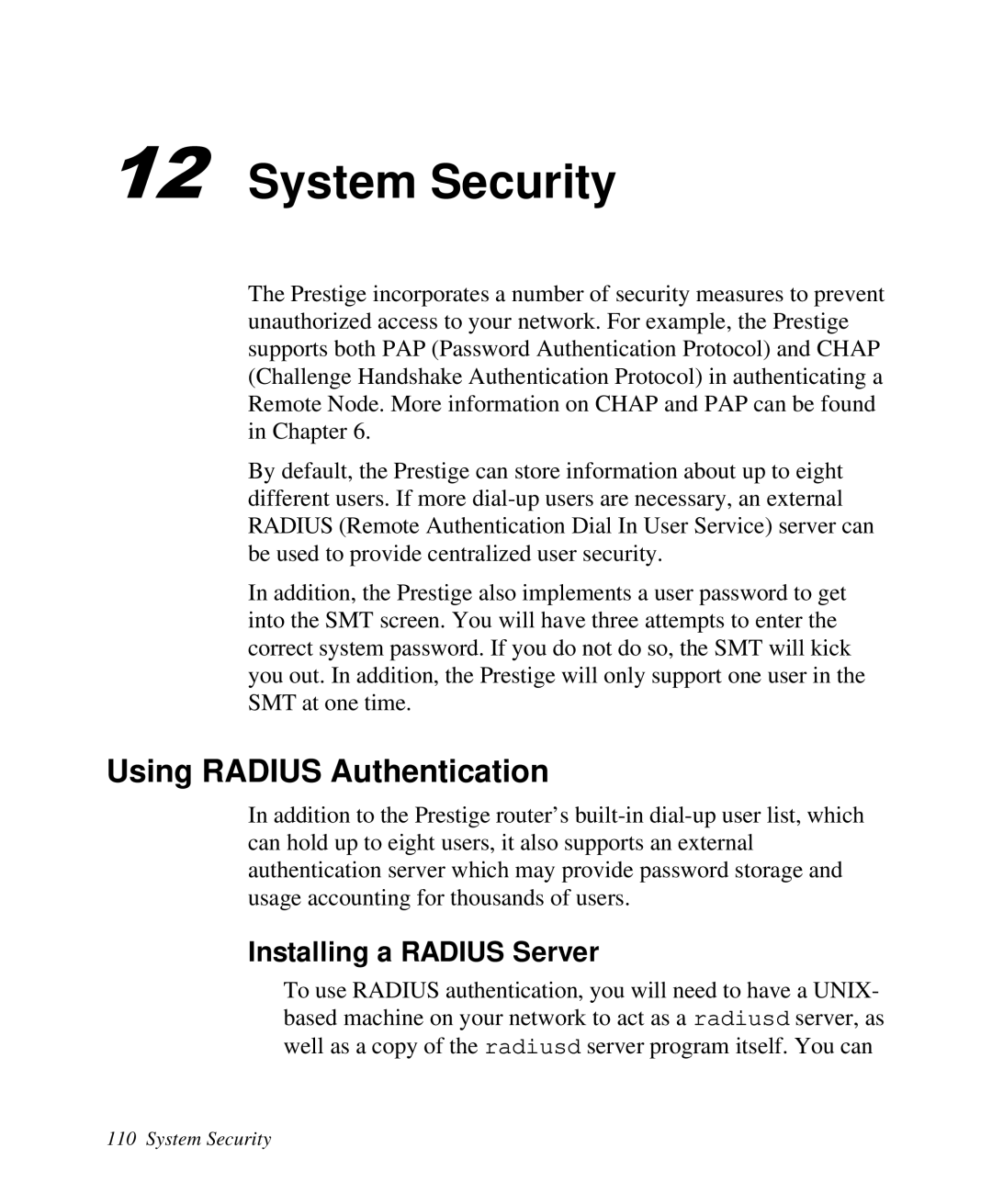 ZyXEL Communications Prestige 128 user manual System Security, Using Radius Authentication, Installing a Radius Server 