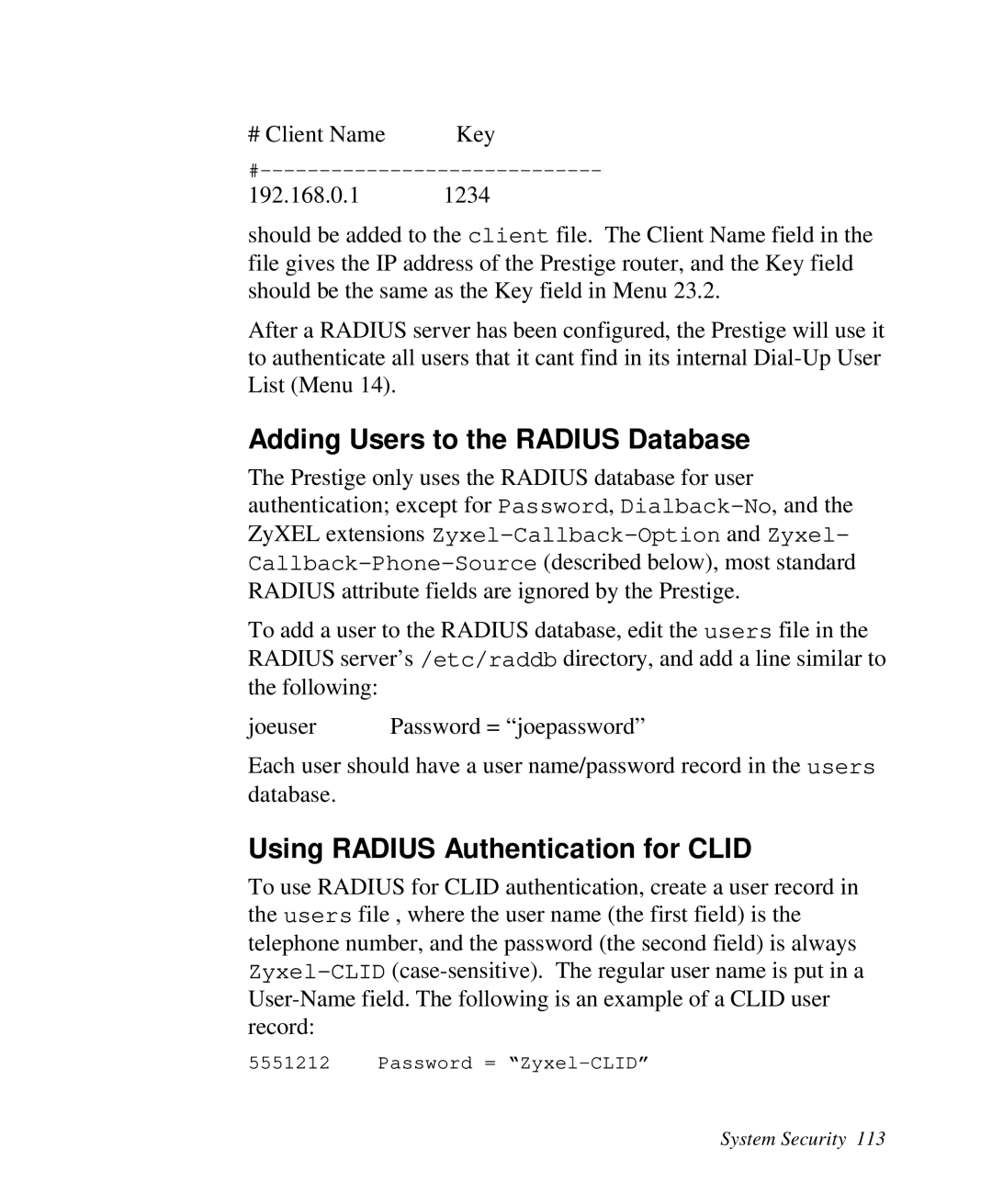 ZyXEL Communications Prestige 128 user manual Adding Users to the Radius Database, Using Radius Authentication for Clid 