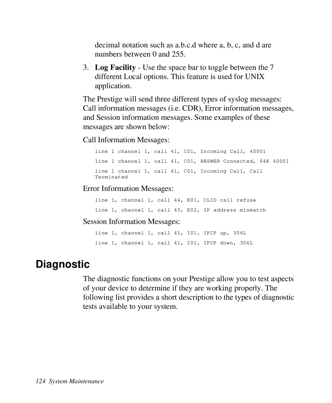 ZyXEL Communications Prestige 128 user manual Diagnostic, Error Information Messages 