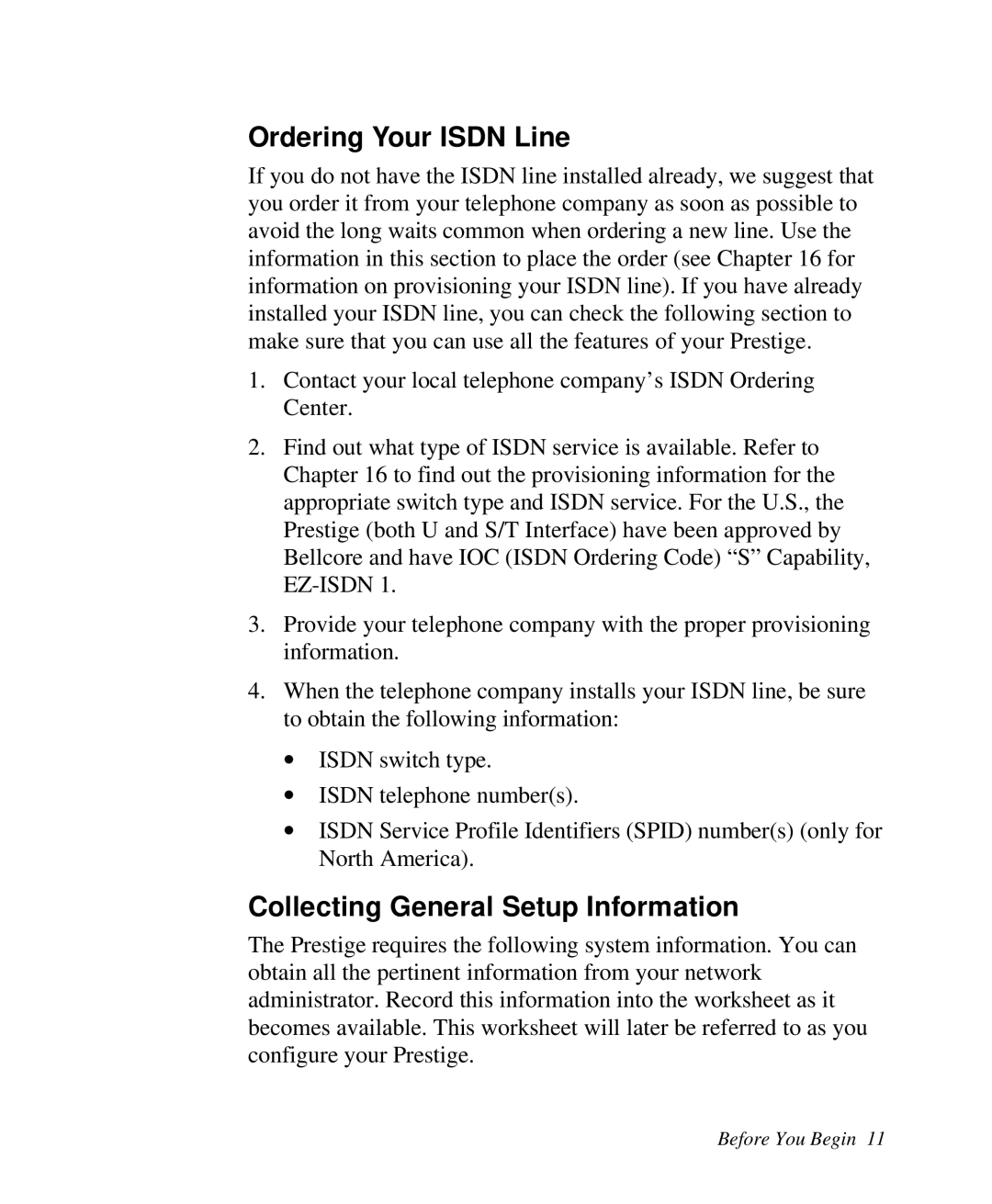 ZyXEL Communications Prestige 128 user manual Ordering Your Isdn Line, Collecting General Setup Information 