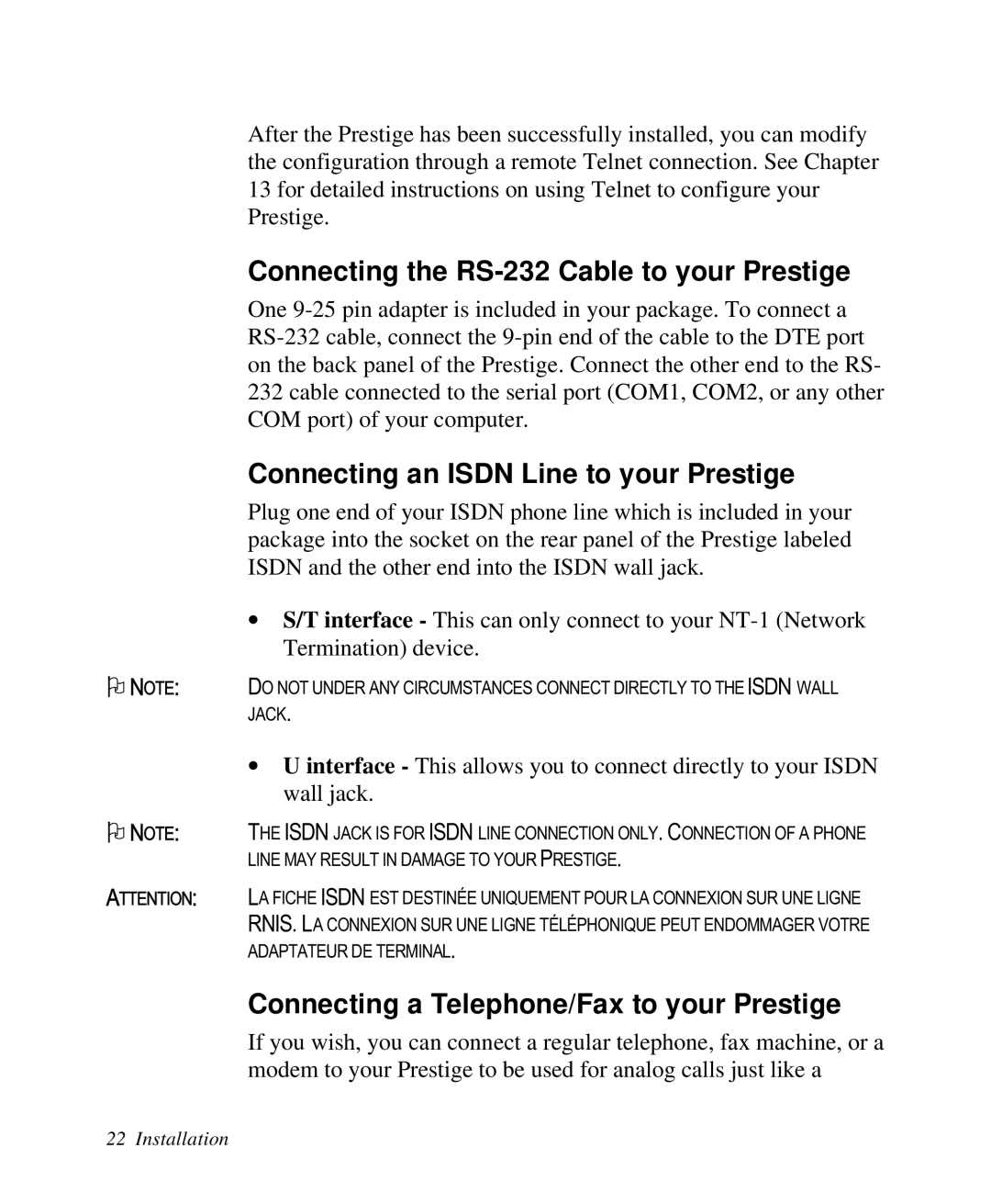 ZyXEL Communications Prestige 128 Connecting the RS-232 Cable to your Prestige, Connecting an Isdn Line to your Prestige 