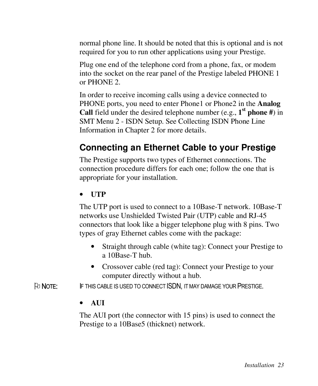 ZyXEL Communications Prestige 128 user manual Connecting an Ethernet Cable to your Prestige, ∙ Utp 