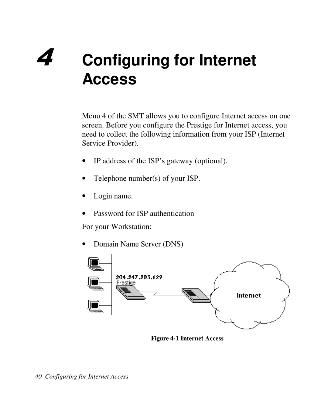 ZyXEL Communications Prestige 128 user manual Configuring for Internet Access 