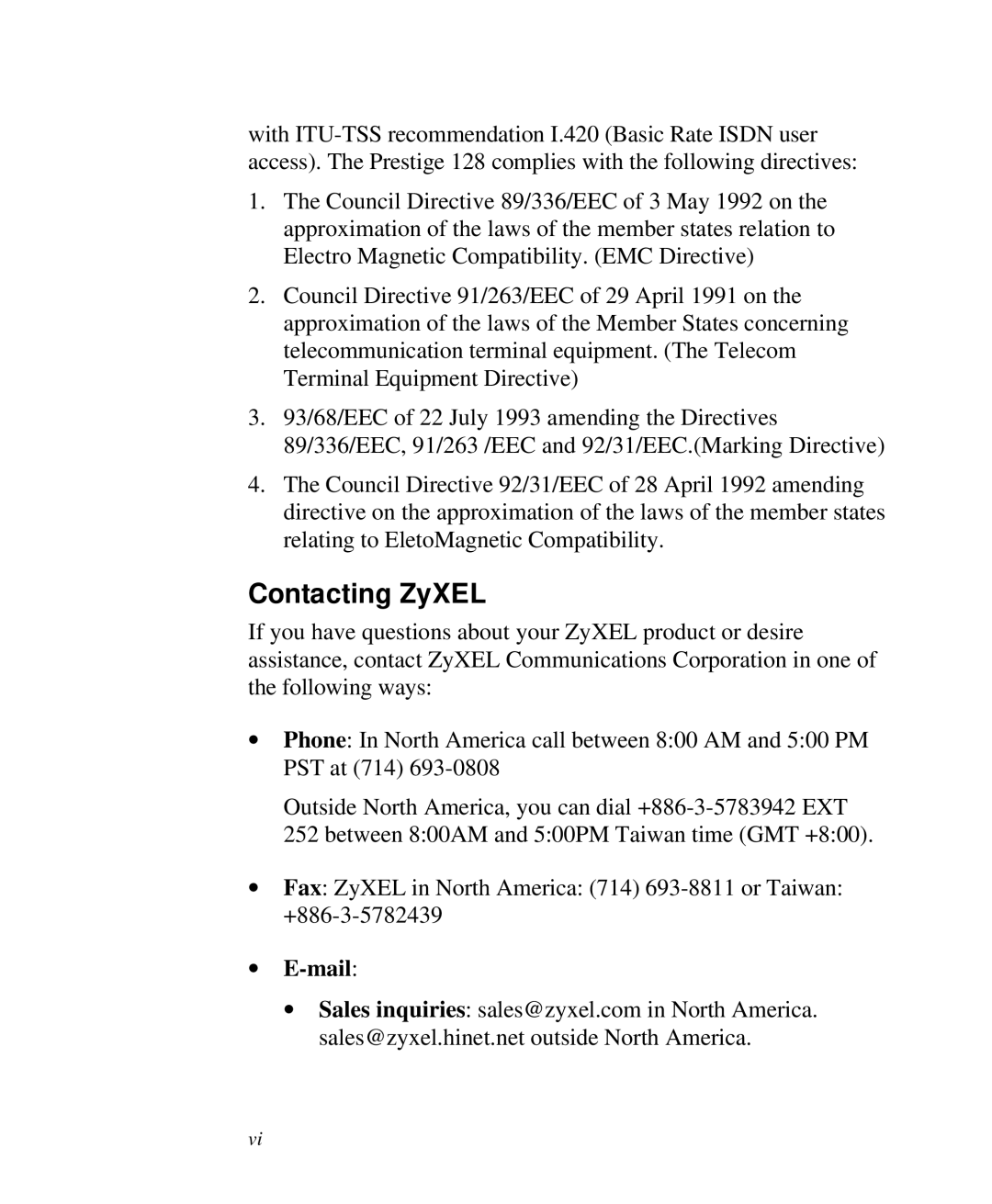 ZyXEL Communications Prestige 128 user manual Contacting ZyXEL, ∙ E-mail 