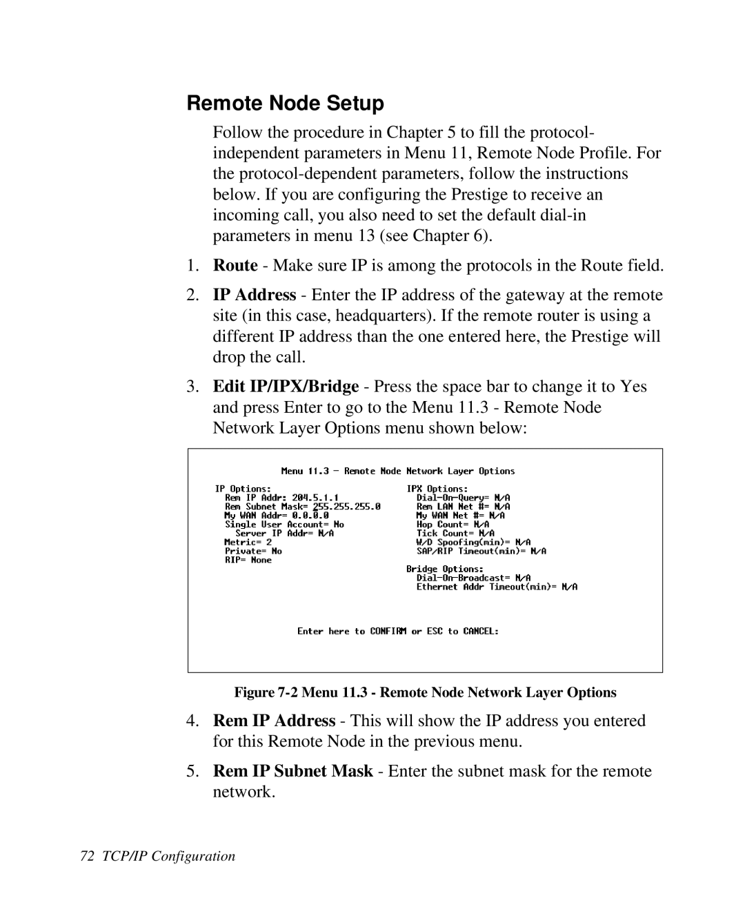 ZyXEL Communications Prestige 128 user manual Remote Node Setup, Menu 11.3 Remote Node Network Layer Options 