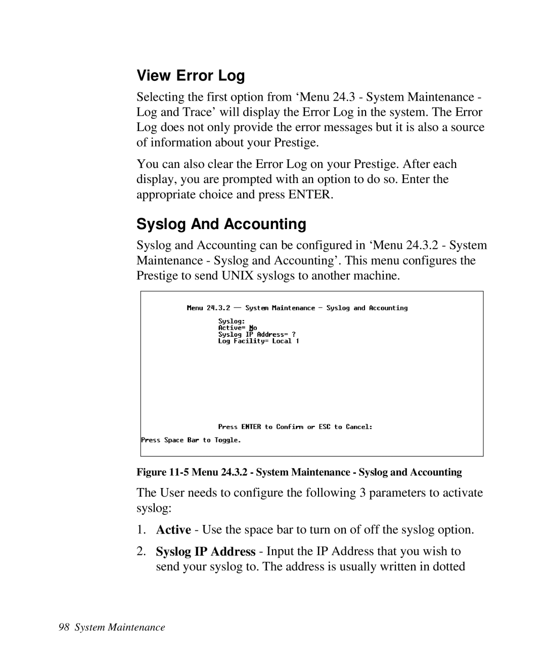 ZyXEL Communications Prestige100 user manual View Error Log, Syslog And Accounting 