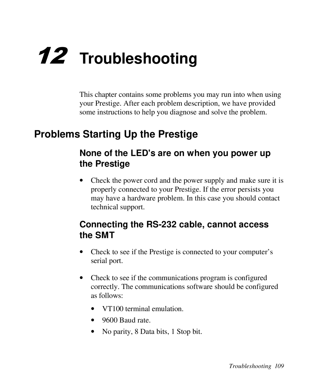 ZyXEL Communications Prestige100 user manual Troubleshooting, Problems Starting Up the Prestige 