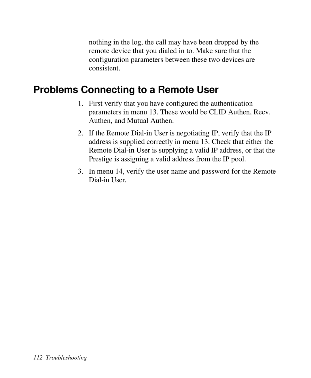 ZyXEL Communications Prestige100 user manual Problems Connecting to a Remote User, Troubleshooting 