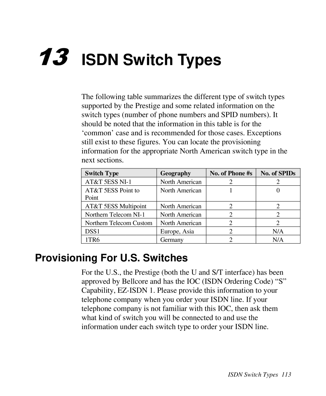 ZyXEL Communications Prestige100 user manual ISDN Switch Types, Provisioning For U.S. Switches 