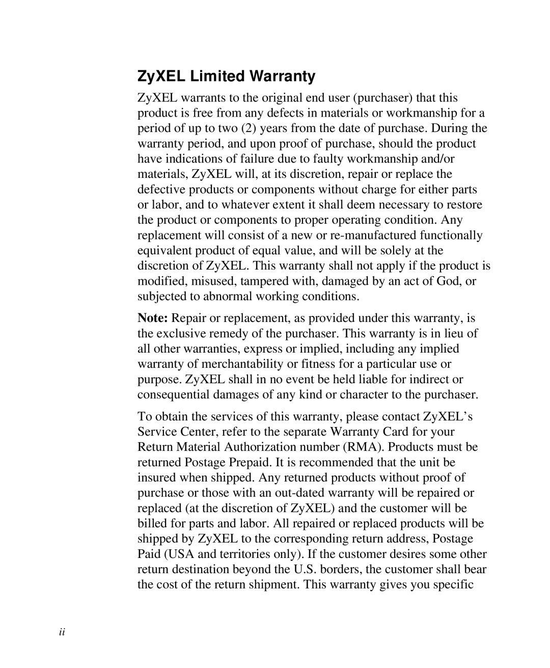 ZyXEL Communications Prestige100 user manual ZyXEL Limited Warranty 
