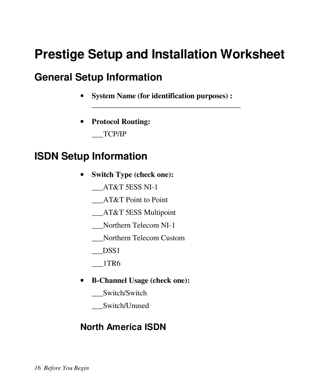ZyXEL Communications Prestige100 General Setup Information, ISDN Setup Information, North America ISDN, ∙ Protocol Routing 