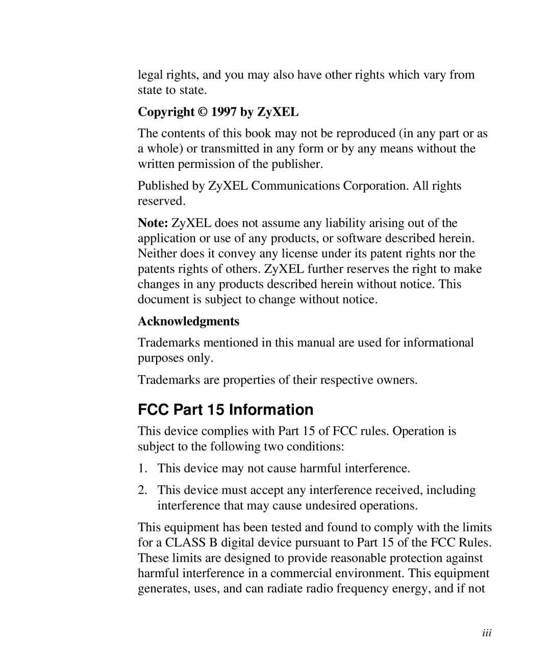 ZyXEL Communications Prestige100 user manual FCC Part 15 Information, Copyright 1997 by ZyXEL, Acknowledgments 