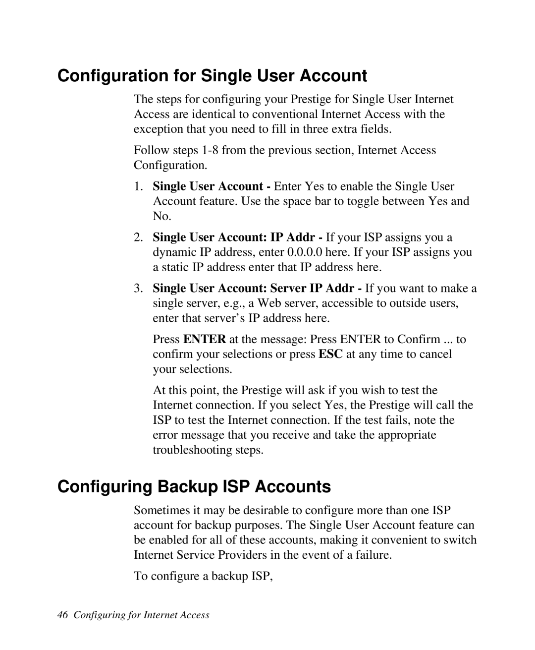 ZyXEL Communications Prestige100 user manual Configuration for Single User Account, Configuring Backup ISP Accounts 