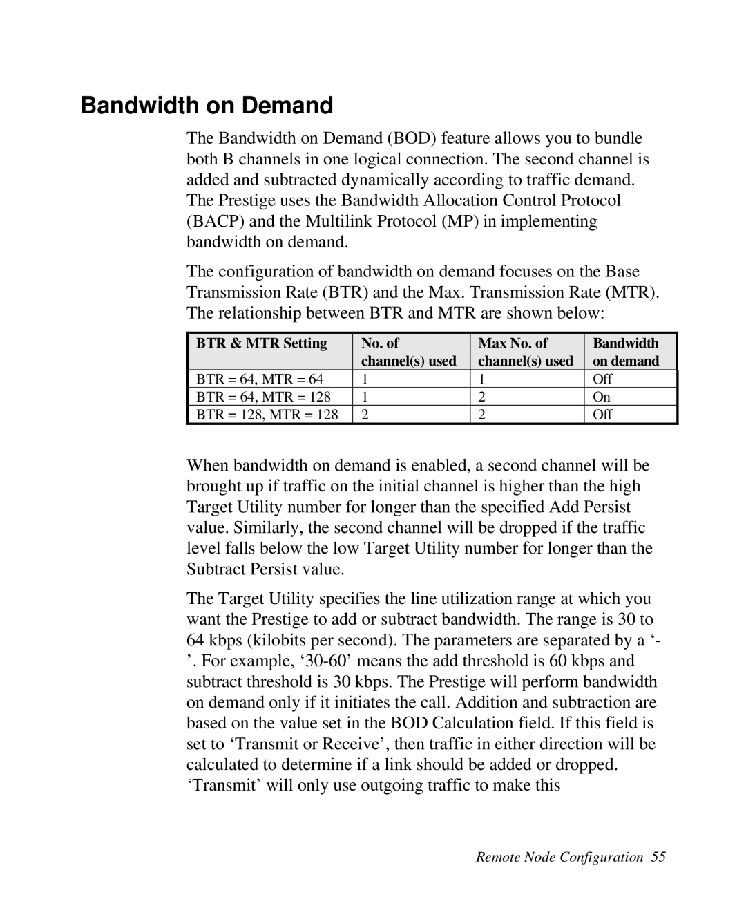 ZyXEL Communications Prestige100 user manual Bandwidth on Demand 