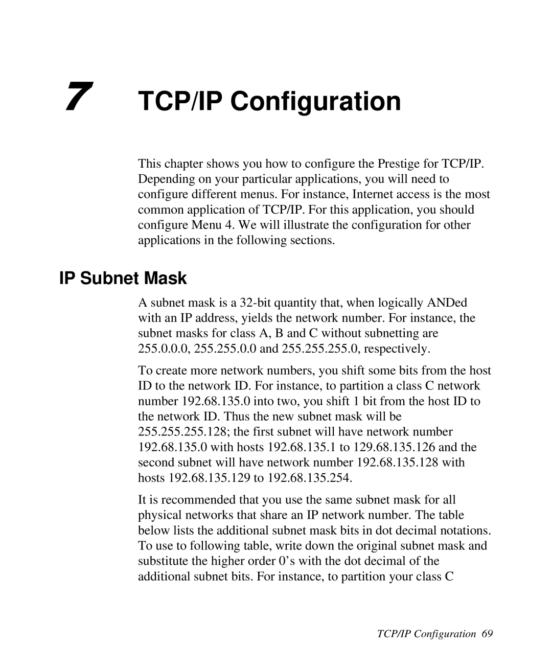 ZyXEL Communications Prestige100 user manual TCP/IP Configuration, IP Subnet Mask 