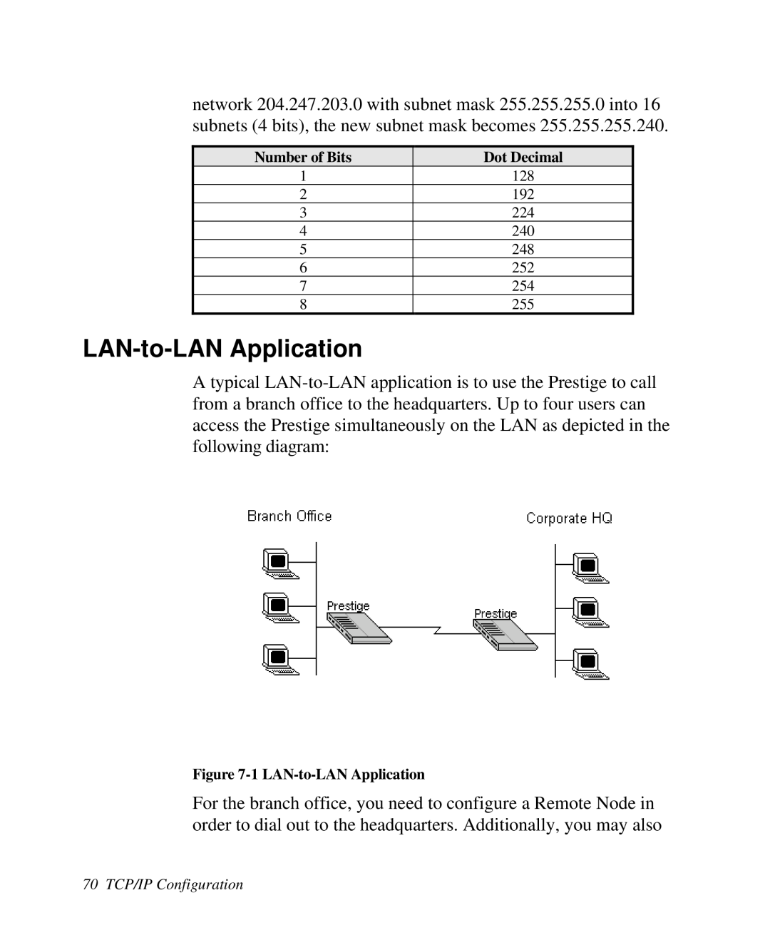 ZyXEL Communications Prestige100 user manual LAN-to-LAN Application, 70 TCP/IP Configuration 