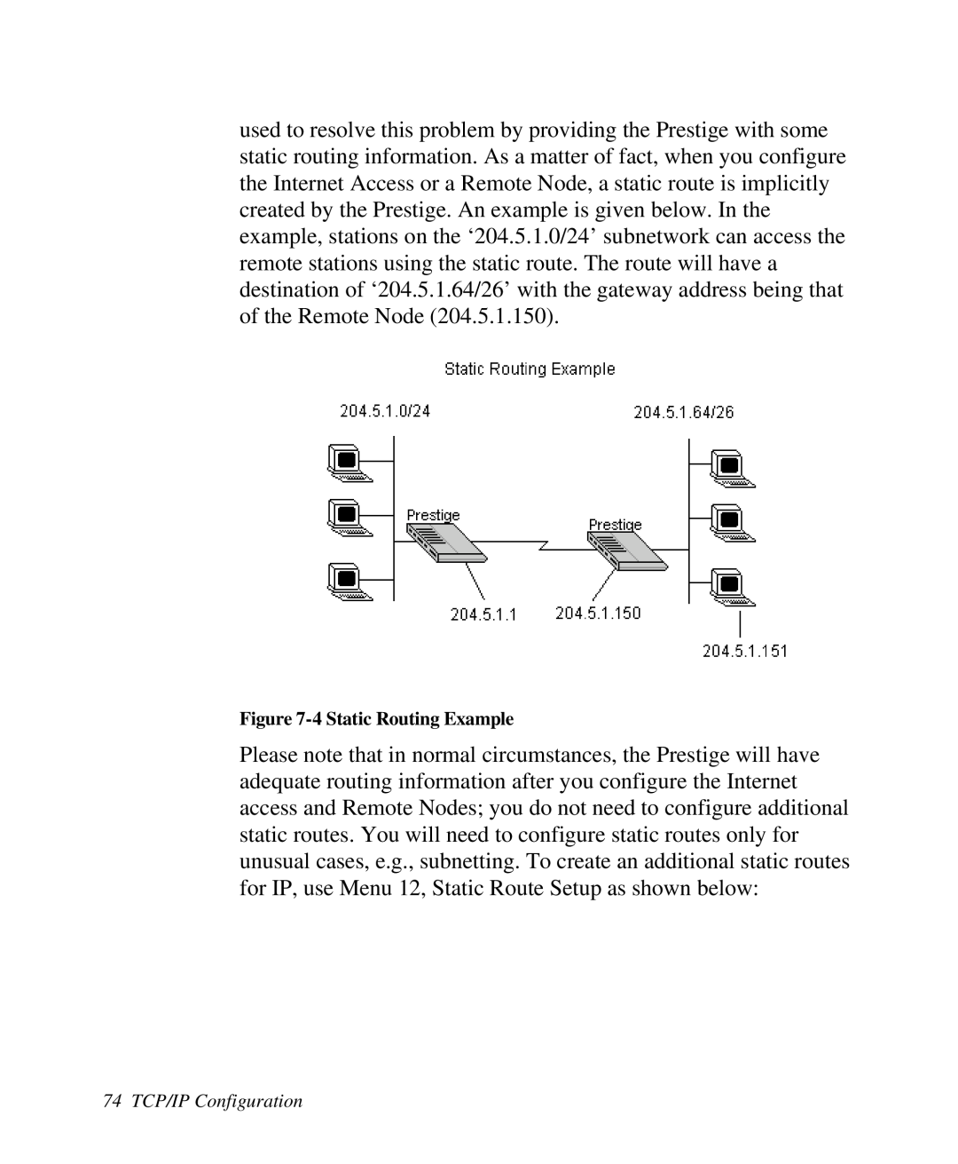 ZyXEL Communications Prestige100 user manual 4 Static Routing Example, 74 TCP/IP Configuration 