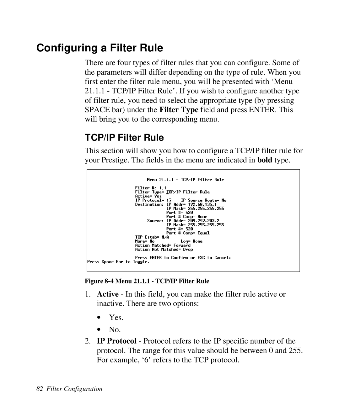 ZyXEL Communications Prestige100 user manual Configuring a Filter Rule, TCP/IP Filter Rule 