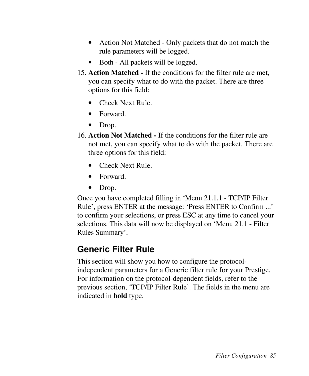 ZyXEL Communications Prestige100 user manual Generic Filter Rule 