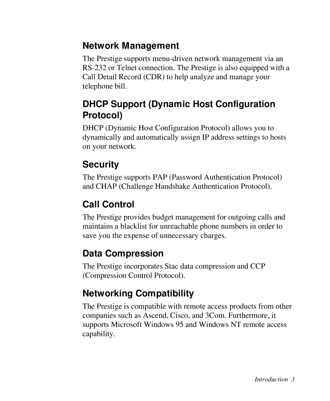 ZyXEL Communications Prestige100 user manual Network Management, Dhcp Support Dynamic Host Configuration Protocol, Security 