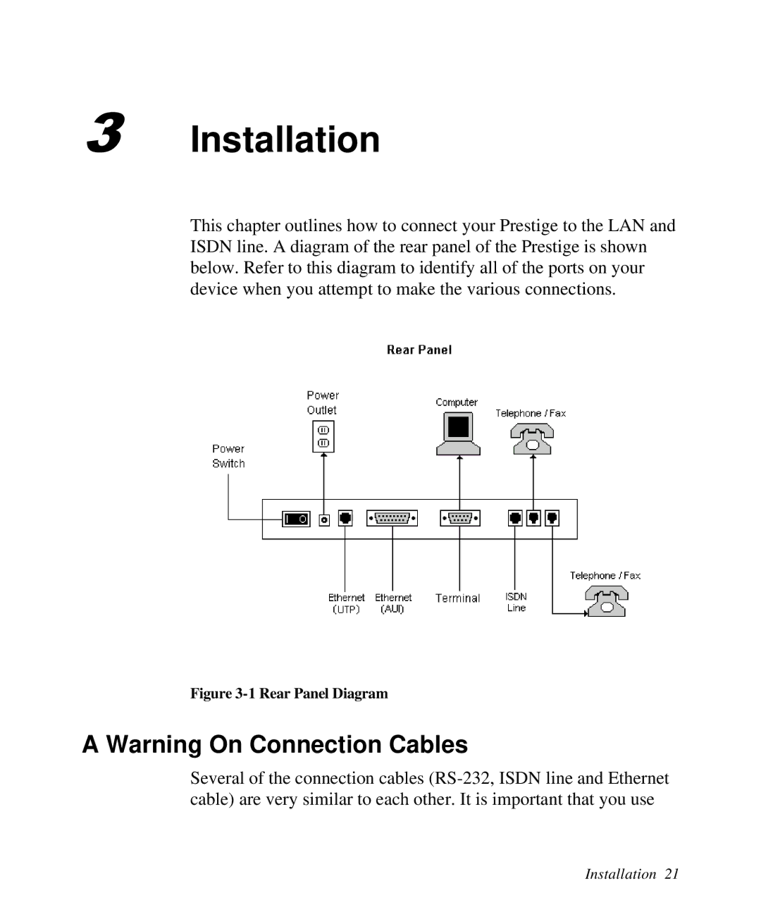 ZyXEL Communications Prestige100 user manual Installation, Rear Panel Diagram 