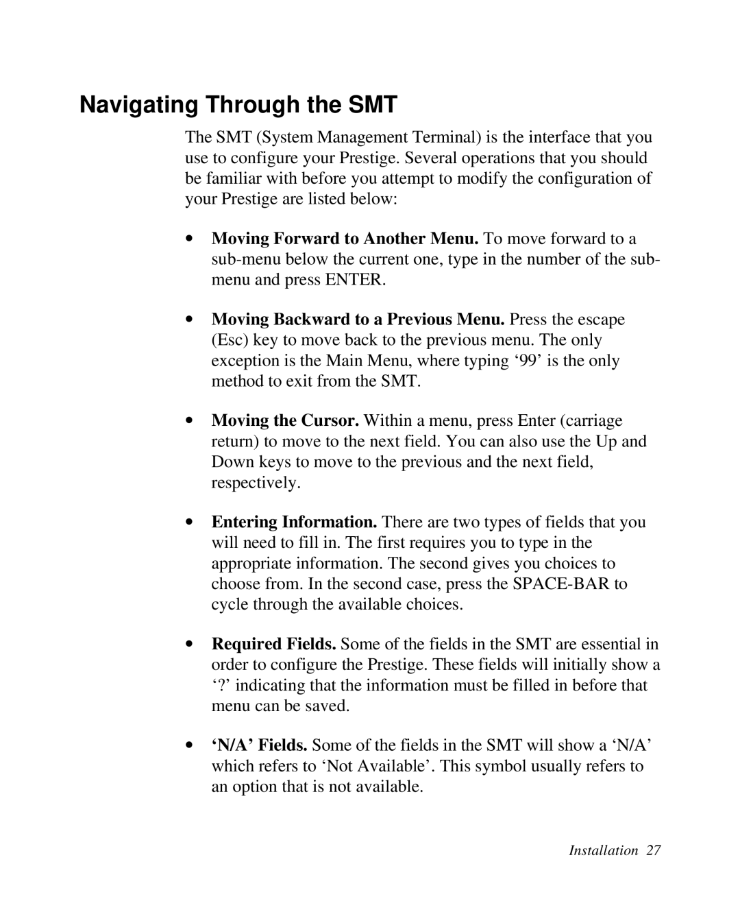 ZyXEL Communications Prestige100 user manual Navigating Through the SMT 