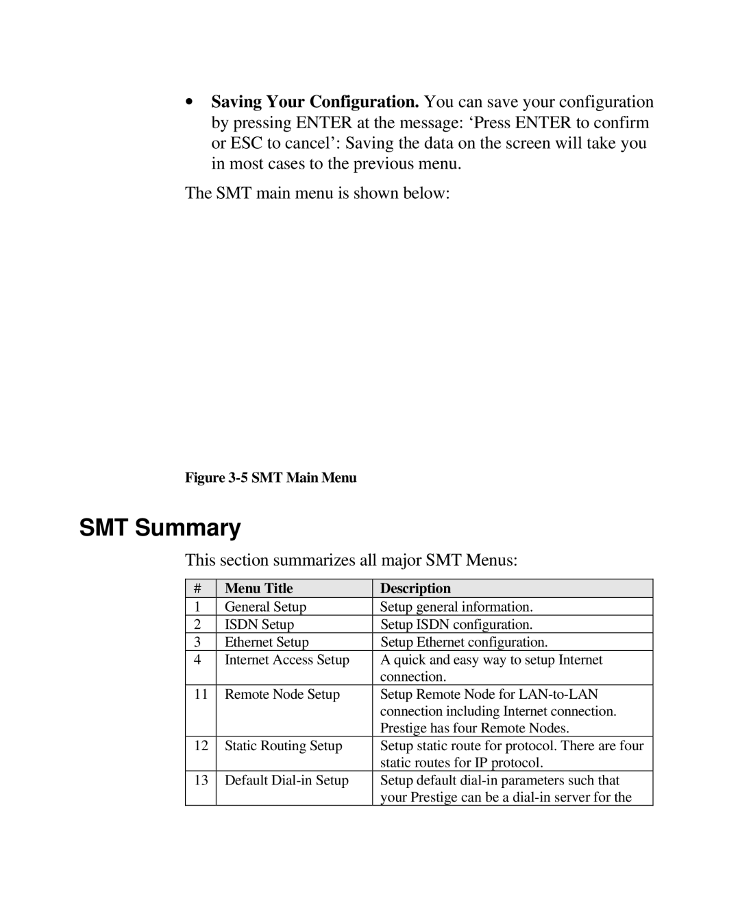 ZyXEL Communications Prestige100 user manual SMT Summary, This section summarizes all major SMT Menus 