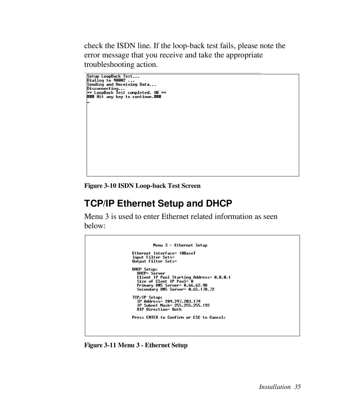 ZyXEL Communications Prestige100 user manual TCP/IP Ethernet Setup and Dhcp, Isdn Loop-back Test Screen 