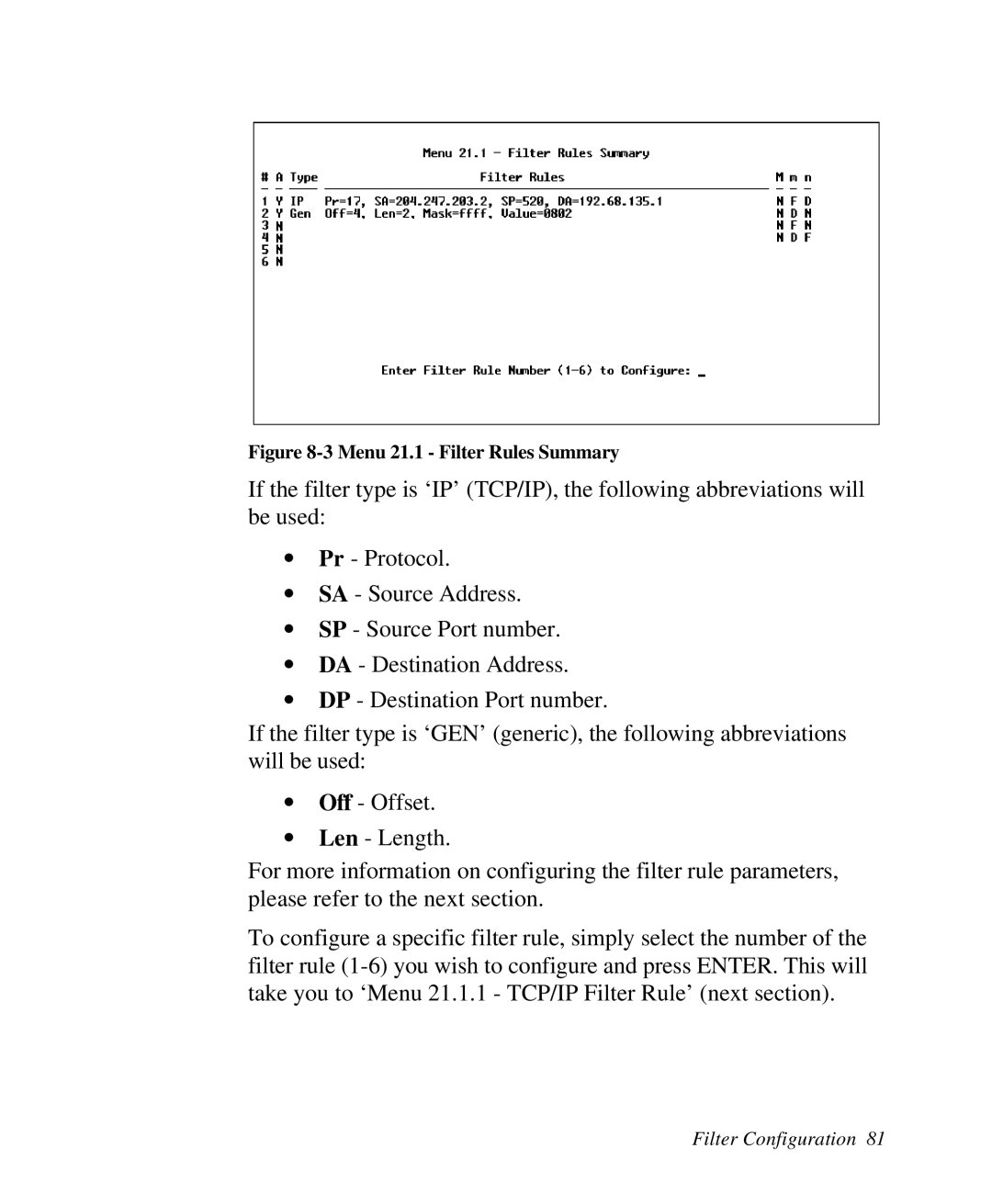 ZyXEL Communications Prestige100 user manual Menu 21.1 Filter Rules Summary 