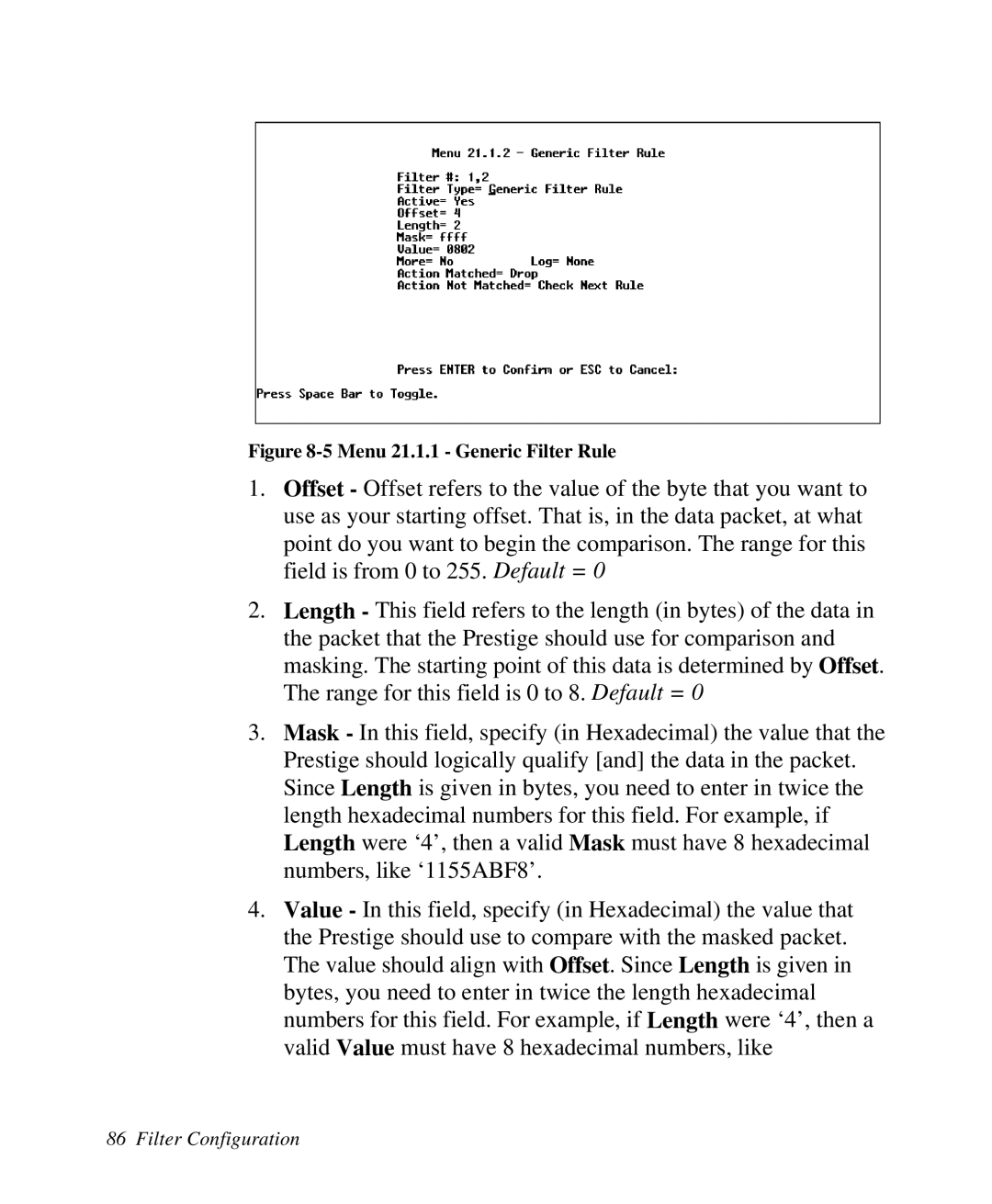 ZyXEL Communications Prestige100 user manual Menu 21.1.1 Generic Filter Rule 