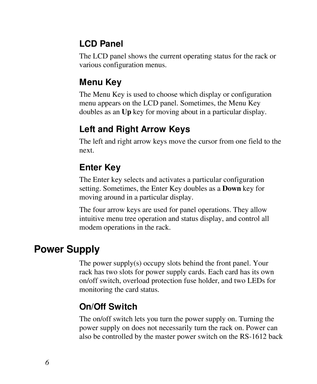 ZyXEL Communications RS-1612 manual Power Supply 