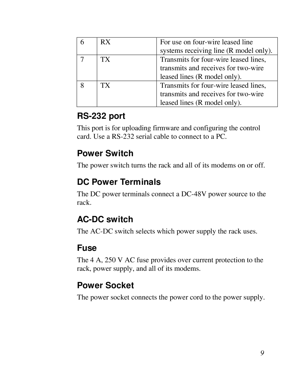 ZyXEL Communications RS-1612 manual RS-232 port, Power Switch, DC Power Terminals, AC-DC switch, Power Socket 