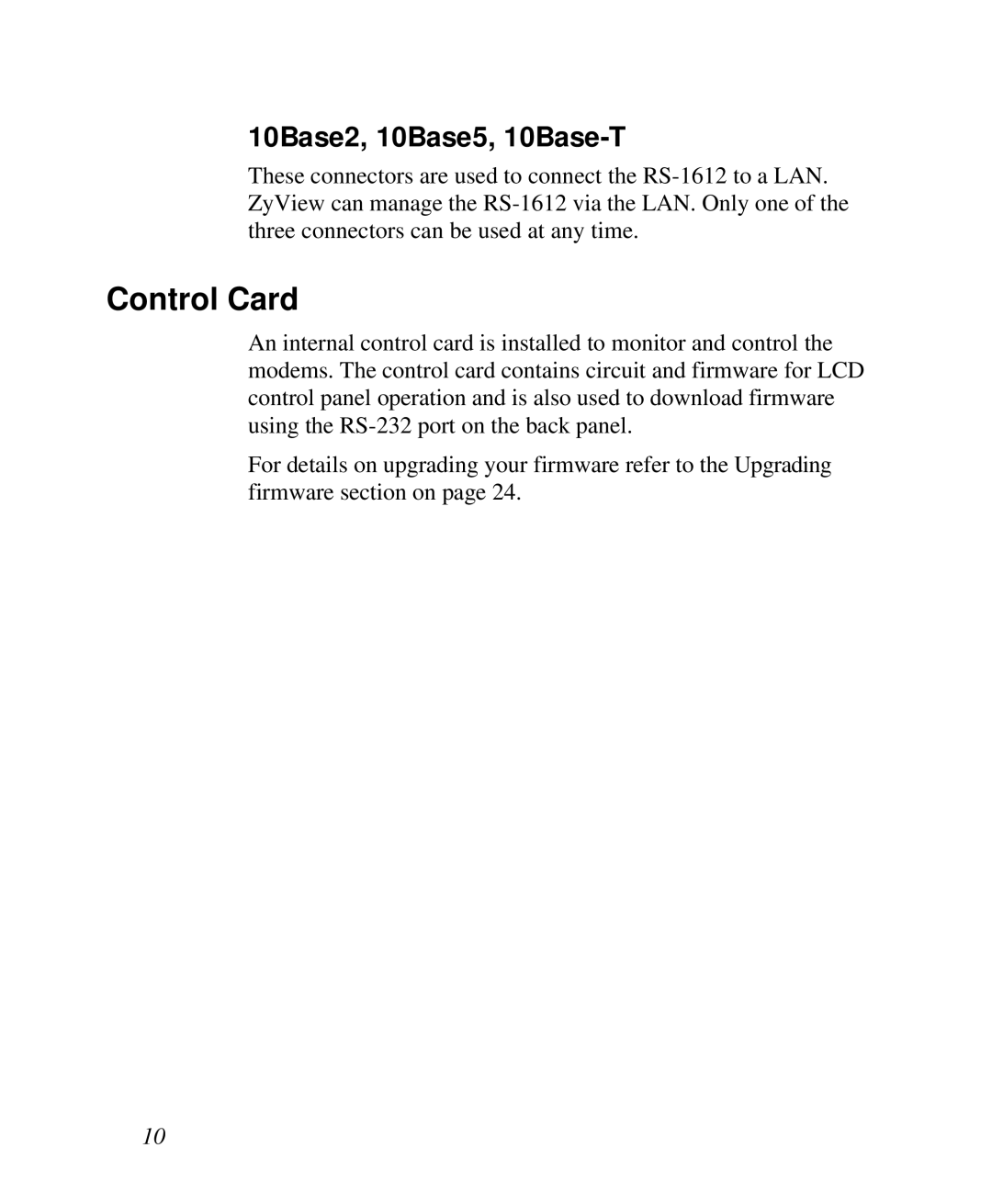 ZyXEL Communications RS-1612 manual Control Card, 10Base2, 10Base5, 10Base-T 