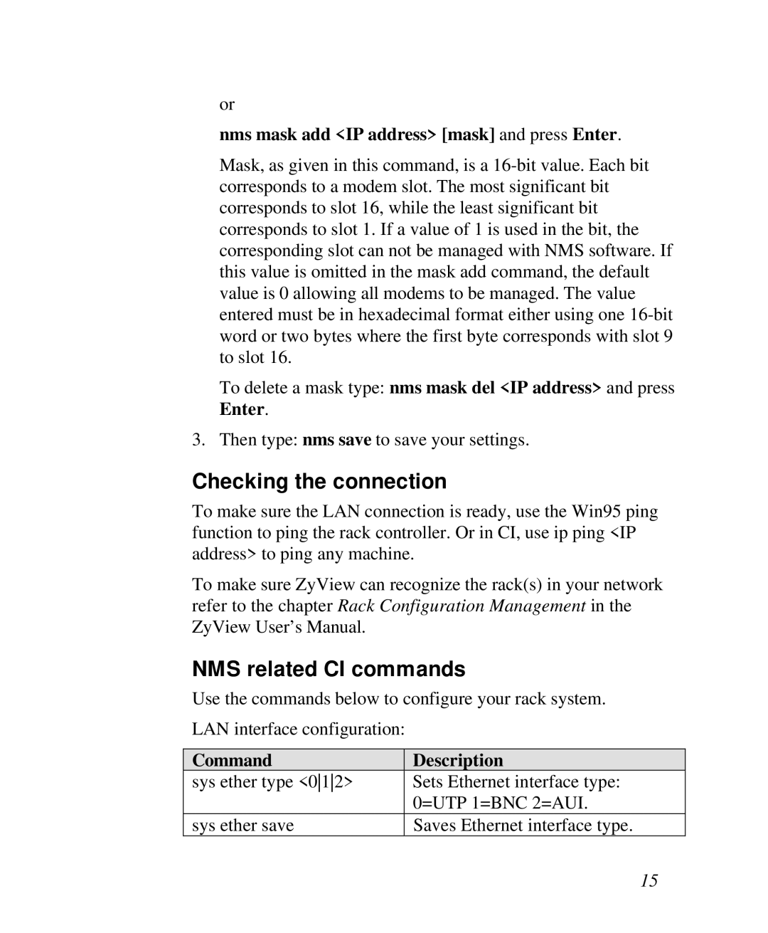 ZyXEL Communications RS-1612 manual Checking the connection, NMS related CI commands, Command Description 