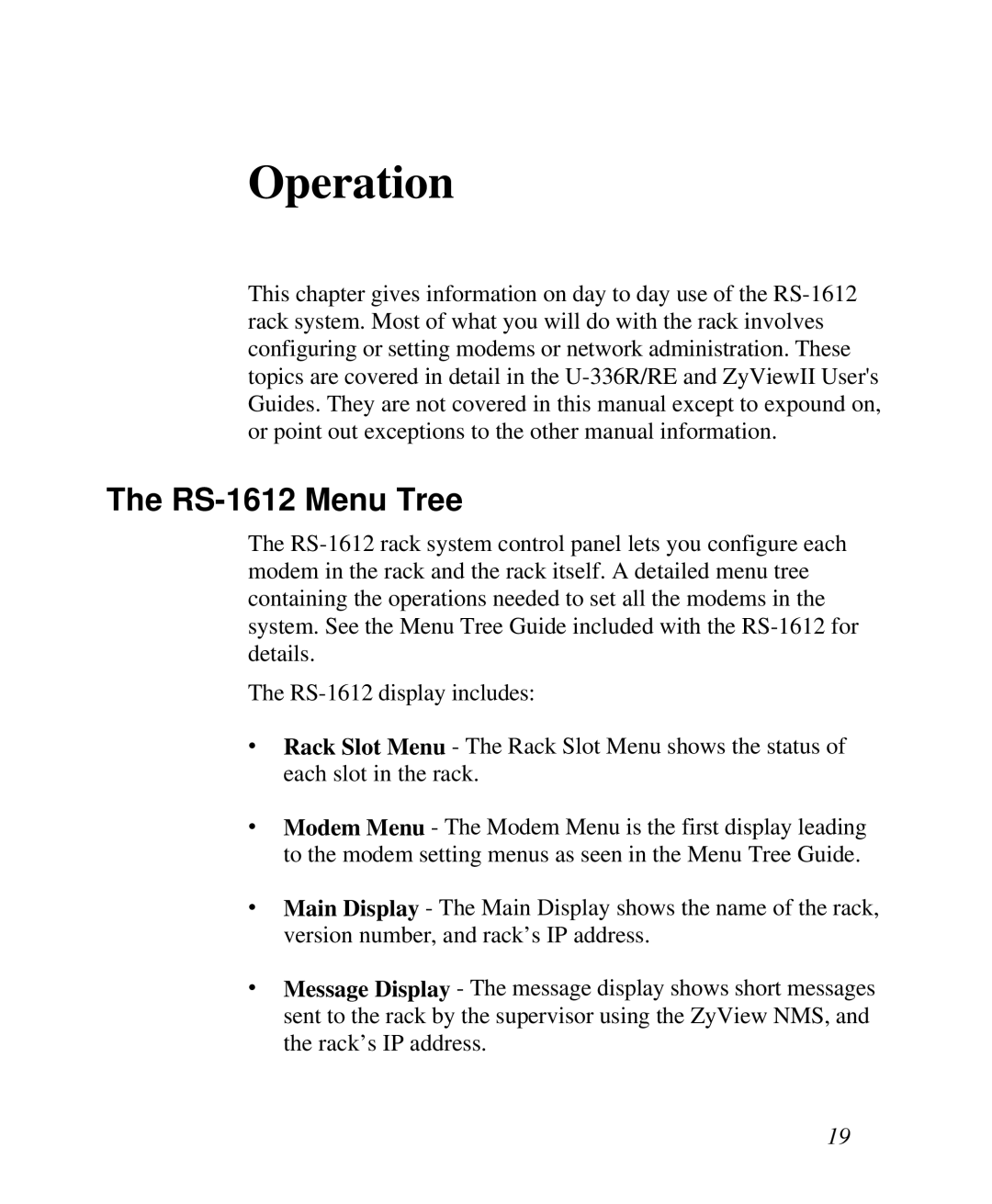 ZyXEL Communications manual Operation, RS-1612 Menu Tree 