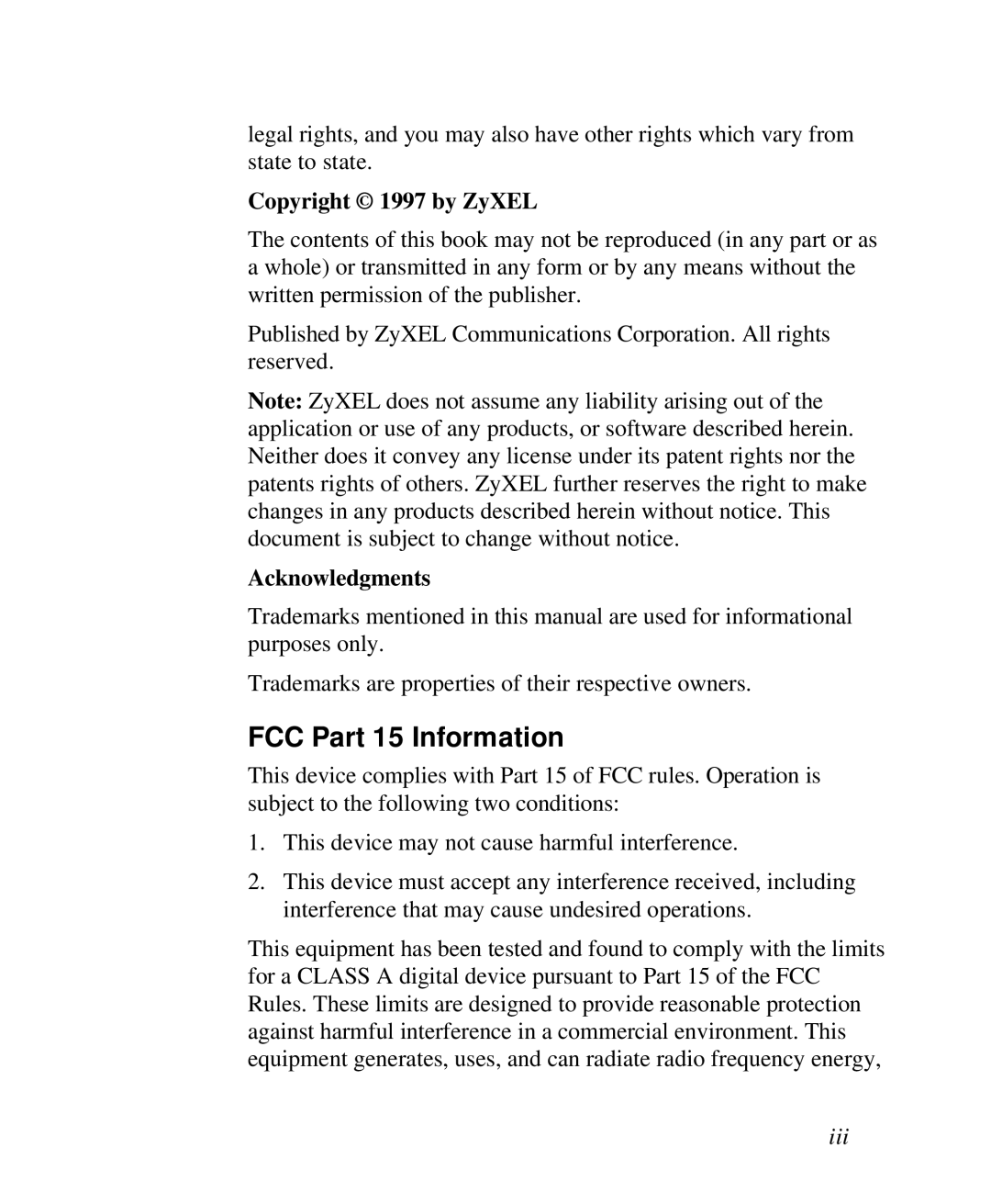 ZyXEL Communications RS-1612 manual FCC Part 15 Information, Copyright 1997 by ZyXEL, Acknowledgments 