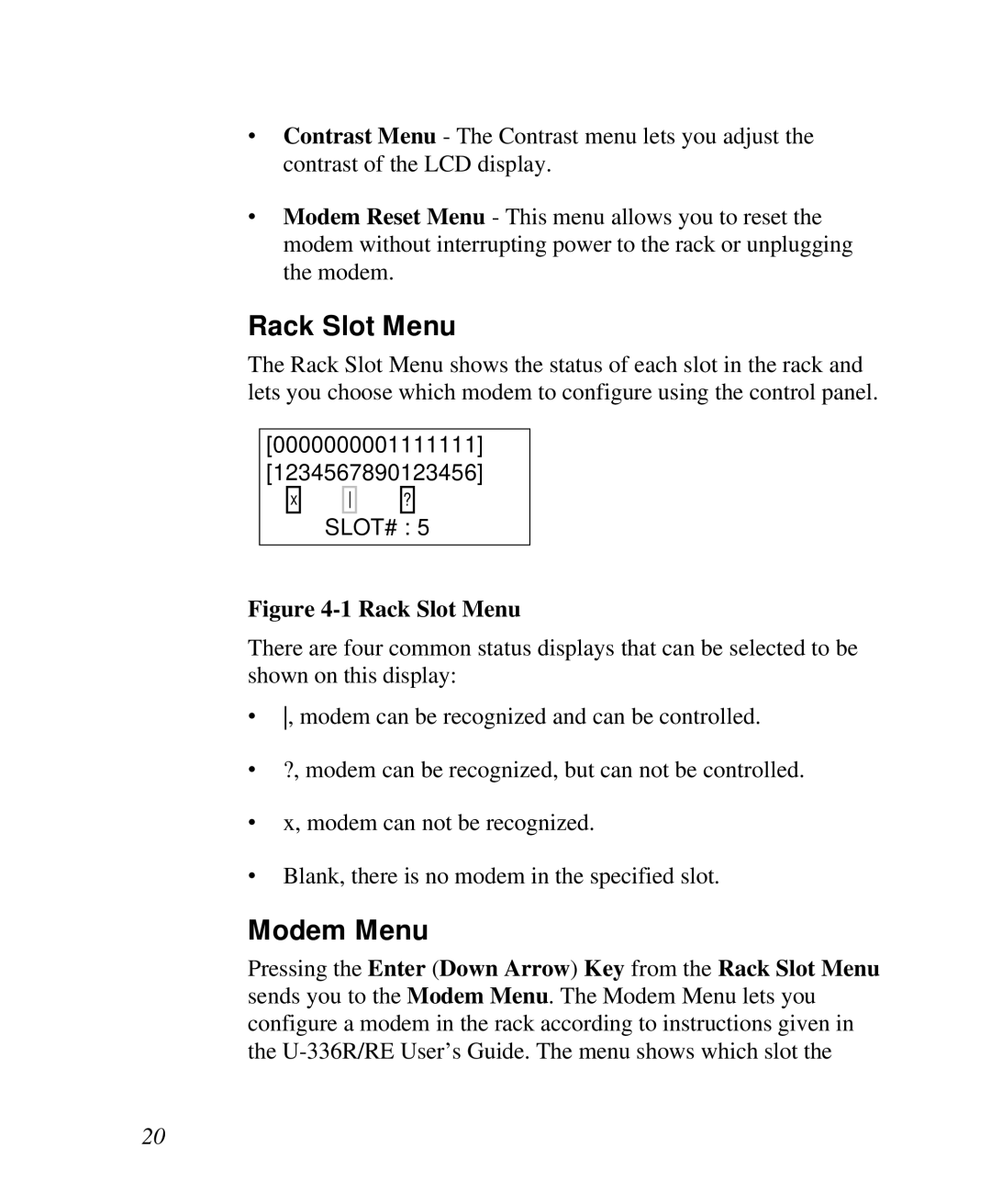 ZyXEL Communications RS-1612 manual Rack Slot Menu, Modem Menu 