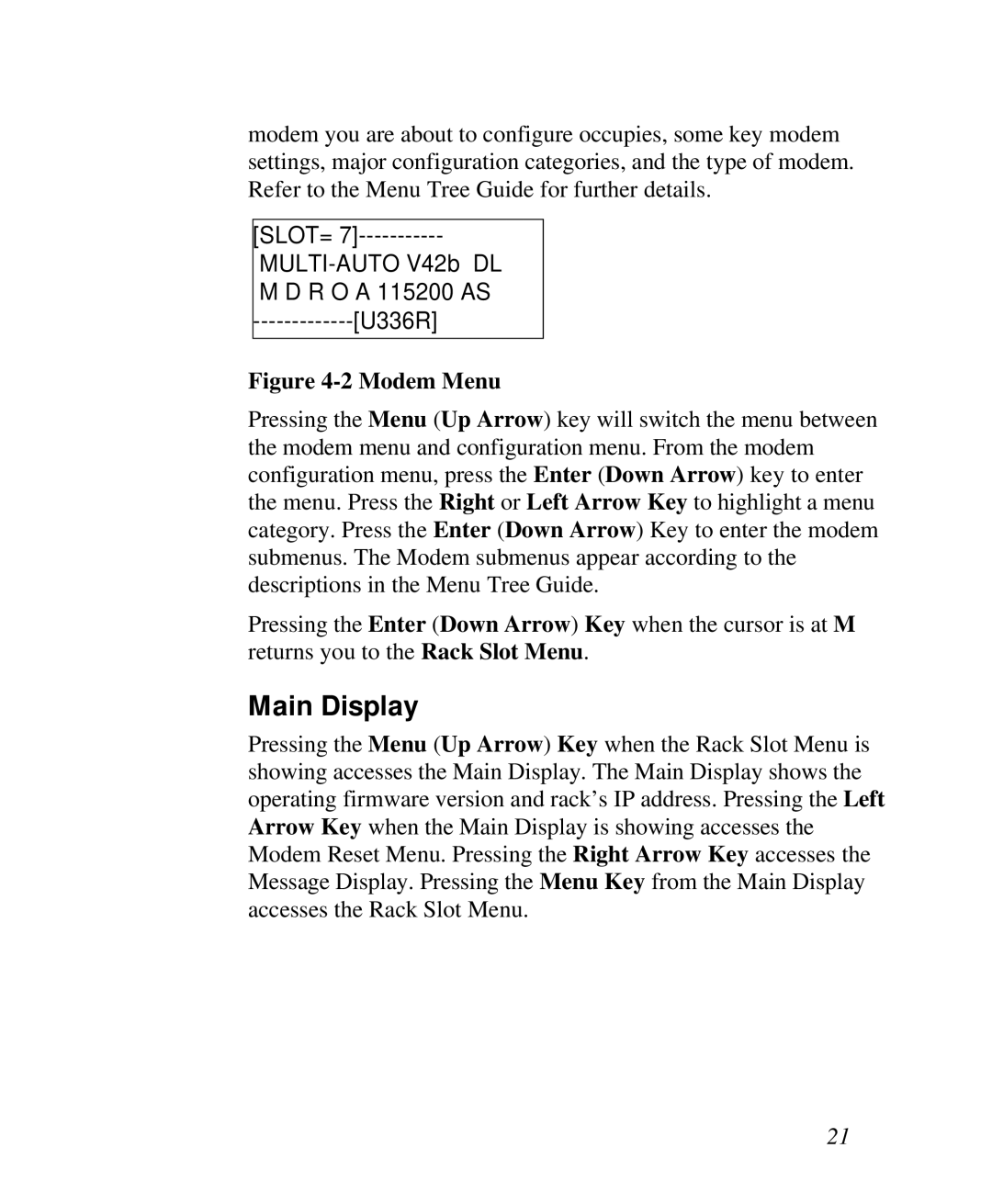 ZyXEL Communications RS-1612 manual Main Display, Modem Menu 