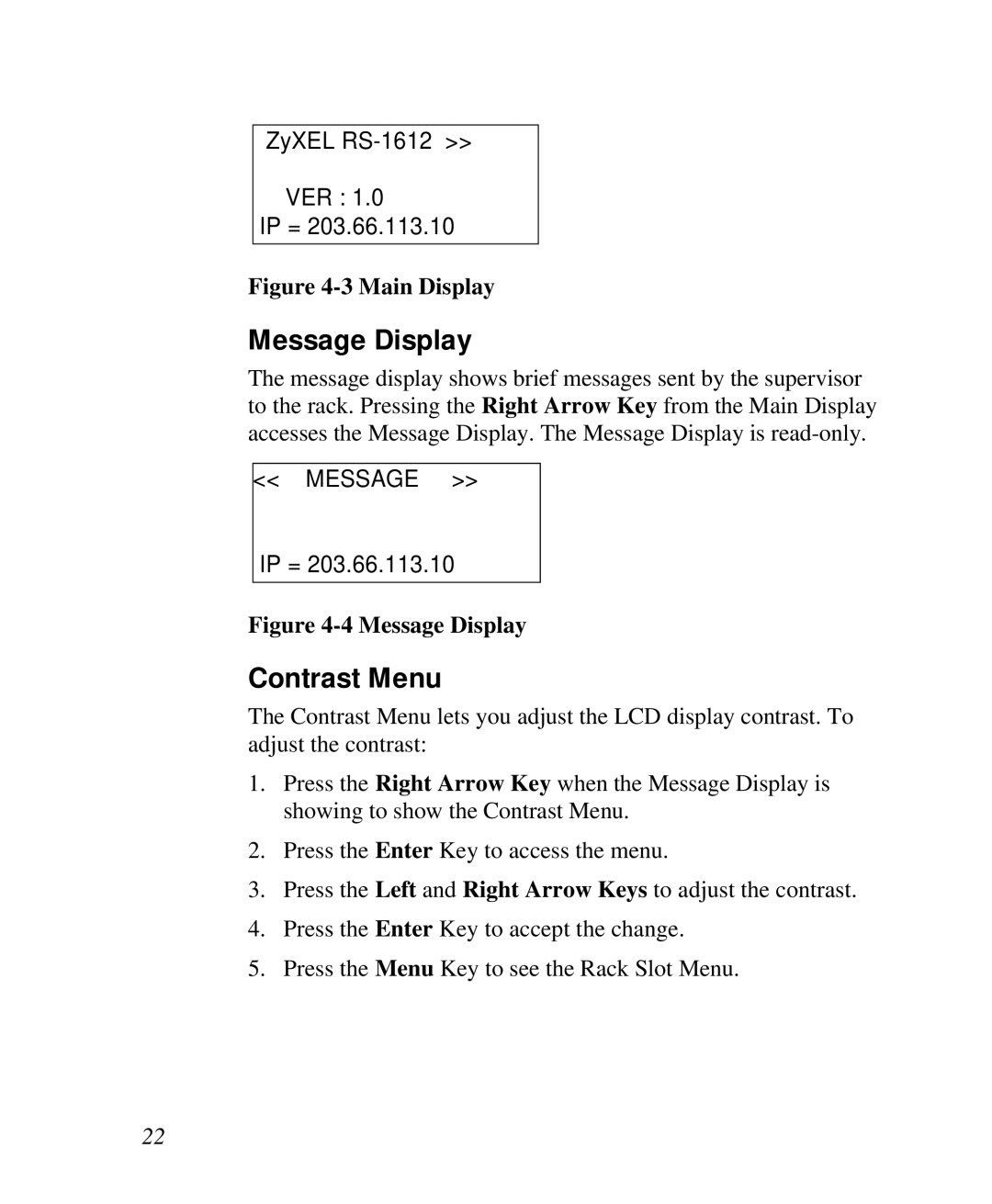 ZyXEL Communications RS-1612 manual Message Display, Contrast Menu 
