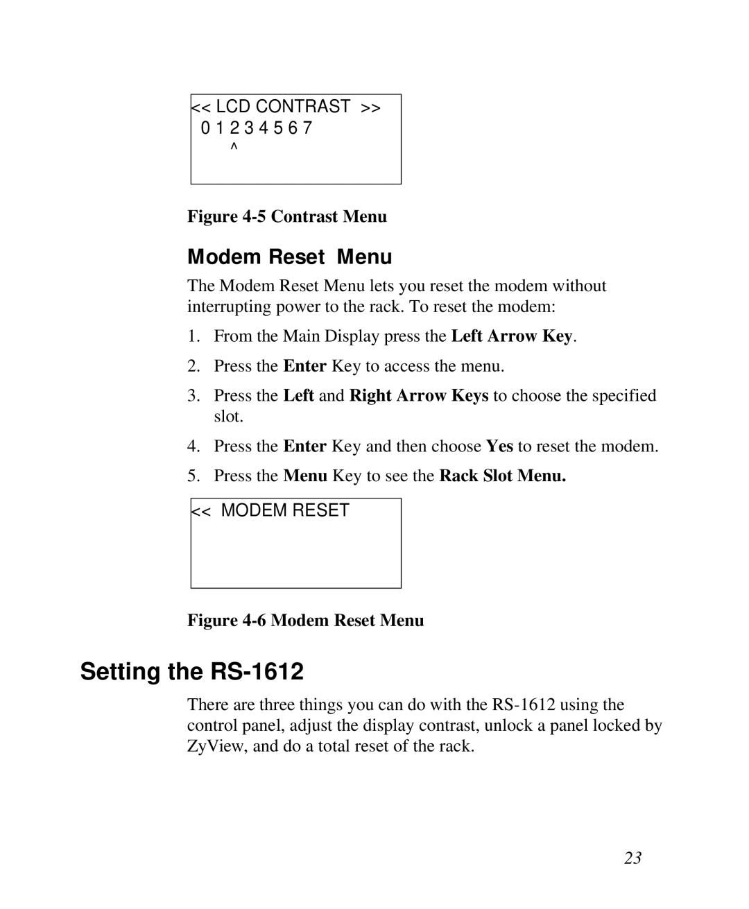 ZyXEL Communications manual Setting the RS-1612, Modem Reset Menu 