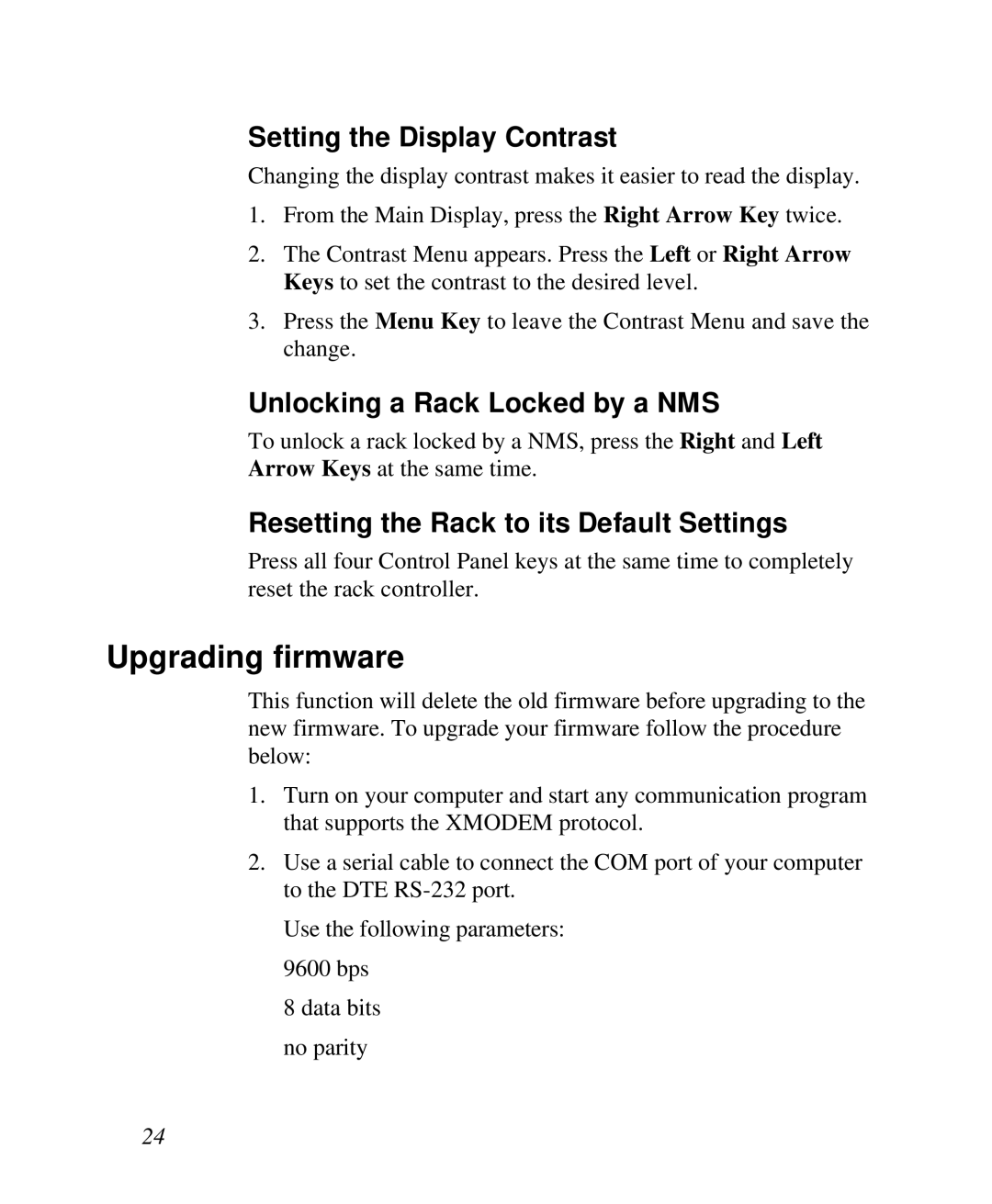 ZyXEL Communications RS-1612 manual Upgrading firmware, Setting the Display Contrast, Unlocking a Rack Locked by a NMS 